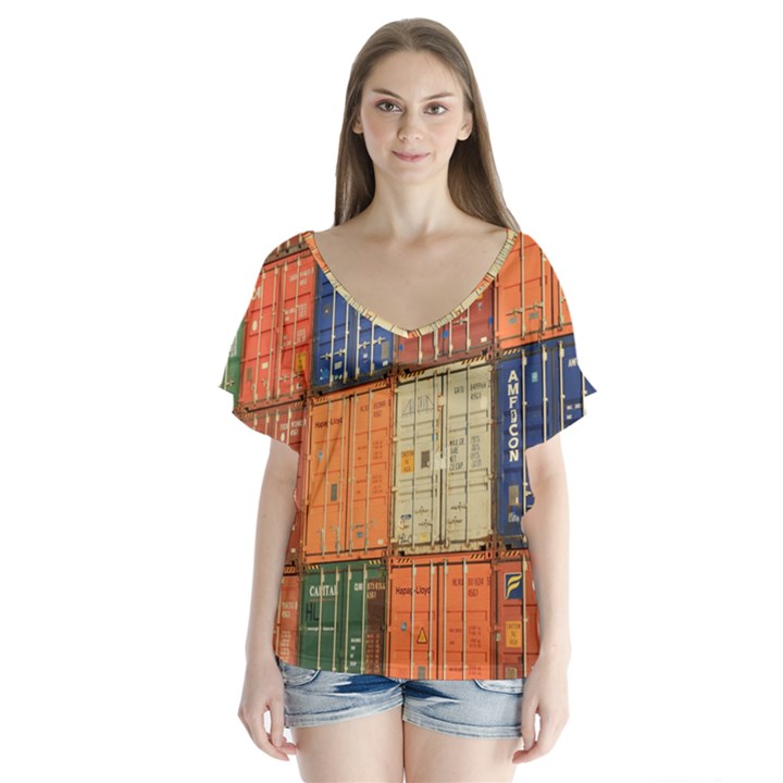 Blue White Orange And Brown Container Van V-Neck Flutter Sleeve Top