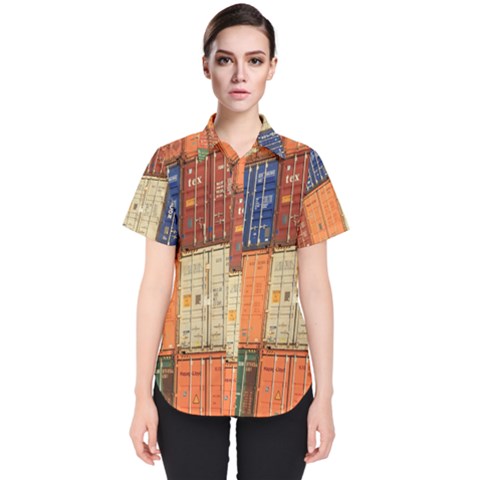 Blue White Orange And Brown Container Van Women s Short Sleeve Shirt by Amaryn4rt