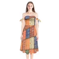 Blue White Orange And Brown Container Van Shoulder Tie Bardot Midi Dress by Amaryn4rt