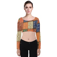 Blue White Orange And Brown Container Van Velvet Long Sleeve Crop Top by Amaryn4rt