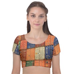 Blue White Orange And Brown Container Van Velvet Short Sleeve Crop Top  by Amaryn4rt