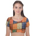 Blue White Orange And Brown Container Van Velvet Short Sleeve Crop Top  View1