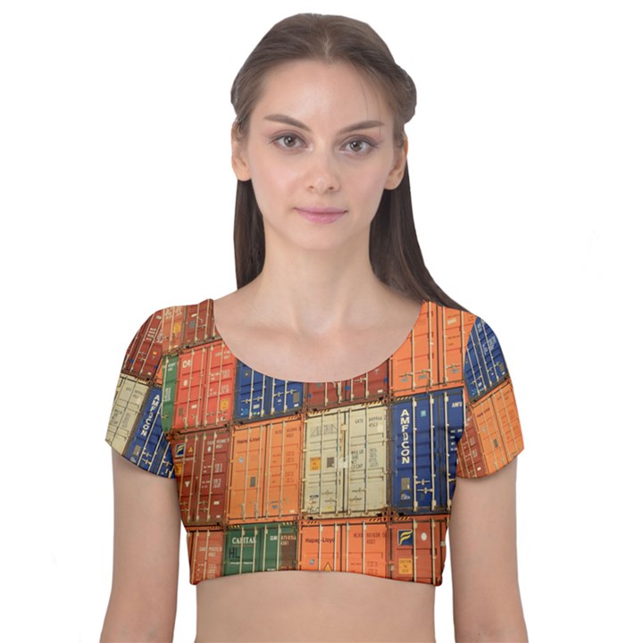 Blue White Orange And Brown Container Van Velvet Short Sleeve Crop Top 