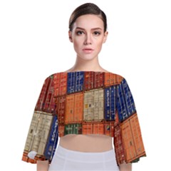 Blue White Orange And Brown Container Van Tie Back Butterfly Sleeve Chiffon Top by Amaryn4rt