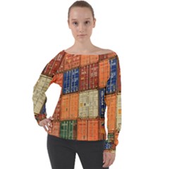 Blue White Orange And Brown Container Van Off Shoulder Long Sleeve Velour Top by Amaryn4rt