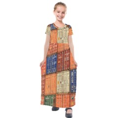 Blue White Orange And Brown Container Van Kids  Short Sleeve Maxi Dress by Amaryn4rt