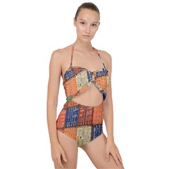 Blue White Orange And Brown Container Van Scallop Top Cut Out Swimsuit by Amaryn4rt