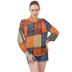 Blue White Orange And Brown Container Van High Neck Long Sleeve Chiffon Top by Amaryn4rt