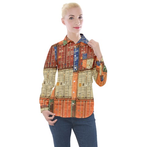 Blue White Orange And Brown Container Van Women s Long Sleeve Pocket Shirt by Amaryn4rt