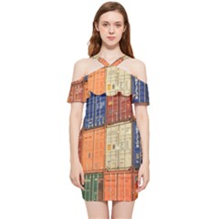 Blue White Orange And Brown Container Van Shoulder Frill Bodycon Summer Dress by Amaryn4rt