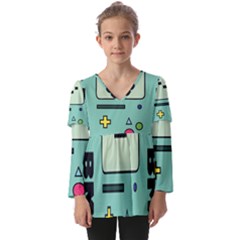 Adventure Time Beemo Bmo Illustration Cartoons Kids  V Neck Casual Top by Sarkoni