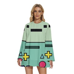 Adventure Time Beemo Bmo Illustration Cartoons Round Neck Long Sleeve Bohemian Style Chiffon Mini Dress by Sarkoni