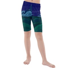 Adventure Time Cartoon Night Green Color Sky Nature Kids  Mid Length Swim Shorts by Sarkoni