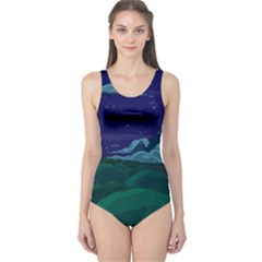 Adventure Time Cartoon Night Green Color Sky Nature One Piece Swimsuit by Sarkoni