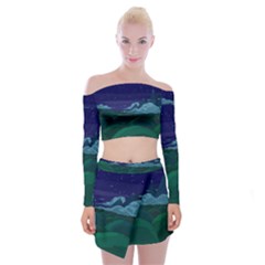 Adventure Time Cartoon Night Green Color Sky Nature Off Shoulder Top With Mini Skirt Set by Sarkoni