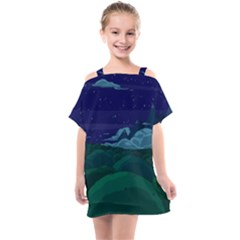 Adventure Time Cartoon Night Green Color Sky Nature Kids  One Piece Chiffon Dress by Sarkoni