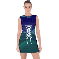 Adventure Time Cartoon Night Green Color Sky Nature Lace Up Front Bodycon Dress by Sarkoni