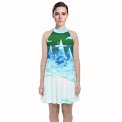 Frost Mountains Illustration Adventure Time Fantasy Art Landscape Velvet Halter Neckline Dress  by Sarkoni