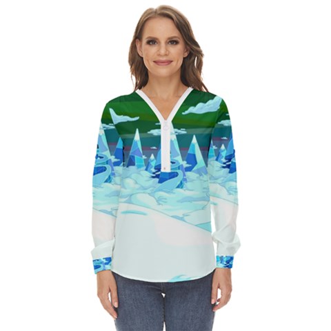 Frost Mountains Illustration Adventure Time Fantasy Art Landscape Zip Up Long Sleeve Blouse by Sarkoni