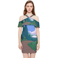 Adventure Time Cartoon Pathway Shoulder Frill Bodycon Summer Dress by Sarkoni