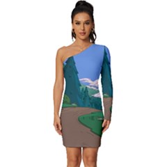 Adventure Time Cartoon Pathway Long Sleeve One Shoulder Mini Dress by Sarkoni