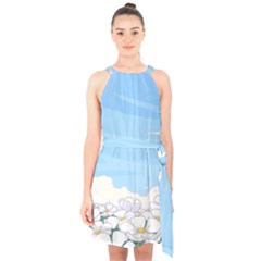 White Petaled Flowers Illustration Adventure Time Cartoon Halter Collar Waist Tie Chiffon Dress by Sarkoni