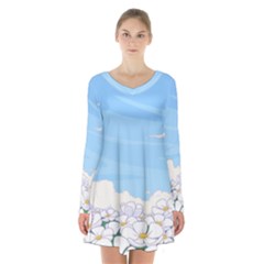 White Petaled Flowers Illustration Adventure Time Cartoon Long Sleeve Velvet V-neck Dress by Sarkoni