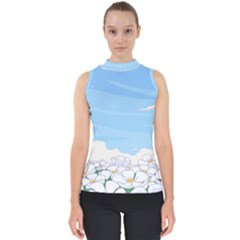 White Petaled Flowers Illustration Adventure Time Cartoon Mock Neck Shell Top by Sarkoni