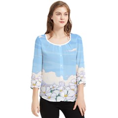 White Petaled Flowers Illustration Adventure Time Cartoon Chiffon Quarter Sleeve Blouse by Sarkoni