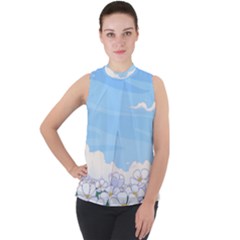 White Petaled Flowers Illustration Adventure Time Cartoon Mock Neck Chiffon Sleeveless Top by Sarkoni