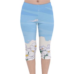 White Petaled Flowers Illustration Adventure Time Cartoon Velvet Capri Leggings  by Sarkoni