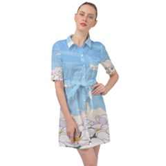 White Petaled Flowers Illustration Adventure Time Cartoon Belted Shirt Dress by Sarkoni