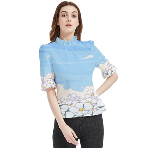 White Petaled Flowers Illustration Adventure Time Cartoon Frill Neck Blouse by Sarkoni