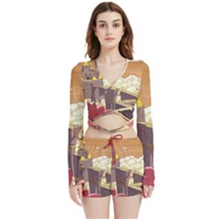 Animated Castle Illustration Adventure Time Cartoon Nature Velvet Wrap Crop Top And Shorts Set by Sarkoni