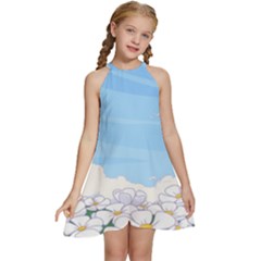 White Petaled Flowers Illustration Adventure Time Cartoon Kids  Halter Collar Waist Tie Chiffon Dress by Sarkoni