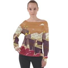 Animated Castle Illustration Adventure Time Cartoon Nature Off Shoulder Long Sleeve Velour Top by Sarkoni