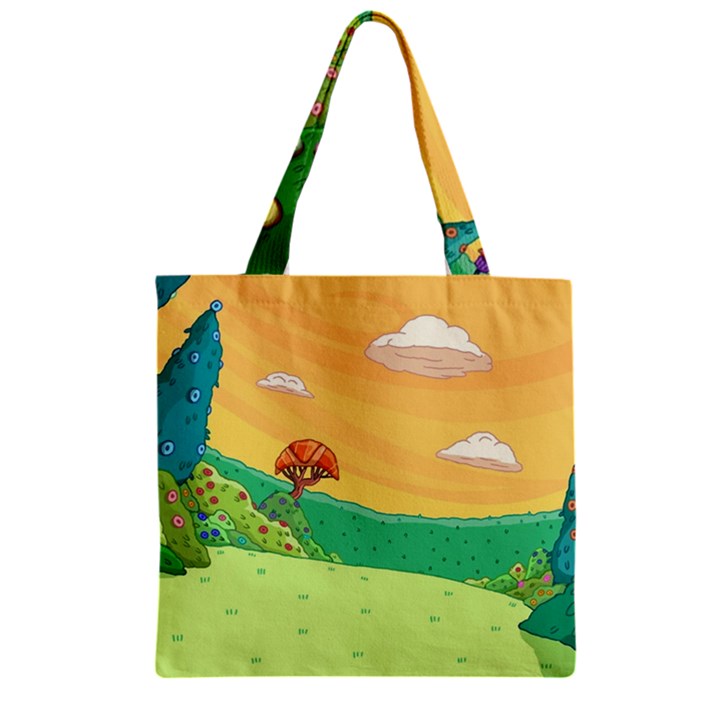 Green Field Illustration Adventure Time Multi Colored Zipper Grocery Tote Bag