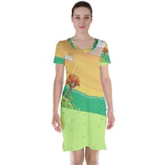 Green Field Illustration Adventure Time Multi Colored Short Sleeve Nightdress by Sarkoni