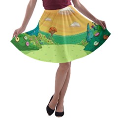 Green Field Illustration Adventure Time Multi Colored A-line Skater Skirt by Sarkoni