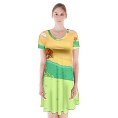 Green Field Illustration Adventure Time Multi Colored Short Sleeve V-neck Flare Dress by Sarkoni