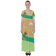 Green Field Illustration Adventure Time Multi Colored High Waist Short Sleeve Maxi Dress by Sarkoni