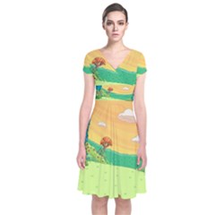 Green Field Illustration Adventure Time Multi Colored Short Sleeve Front Wrap Dress by Sarkoni