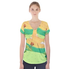 Green Field Illustration Adventure Time Multi Colored Short Sleeve Front Detail Top by Sarkoni