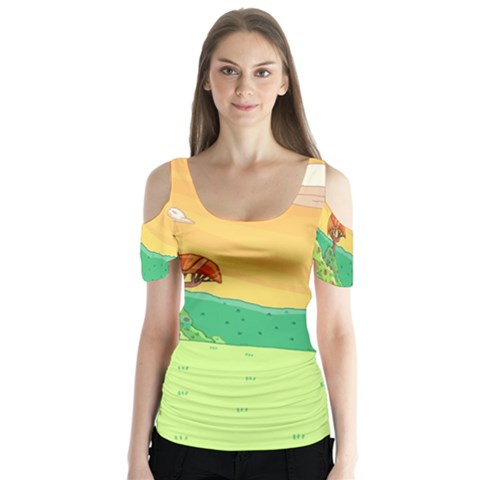 Green Field Illustration Adventure Time Multi Colored Butterfly Sleeve Cutout T-shirt  by Sarkoni