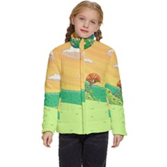 Green Field Illustration Adventure Time Multi Colored Kids  Puffer Bubble Jacket Coat by Sarkoni