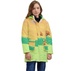 Green Field Illustration Adventure Time Multi Colored Kids  Hooded Longline Puffer Jacket by Sarkoni