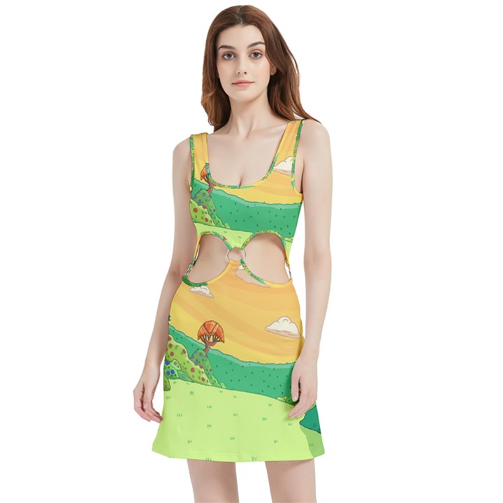 Green Field Illustration Adventure Time Multi Colored Velour Cutout Dress