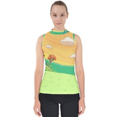 Green Field Illustration Adventure Time Multi Colored Mock Neck Shell Top by Sarkoni