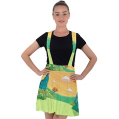 Green Field Illustration Adventure Time Multi Colored Velvet Suspender Skater Skirt by Sarkoni