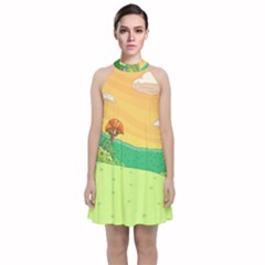 Green Field Illustration Adventure Time Multi Colored Velvet Halter Neckline Dress  by Sarkoni